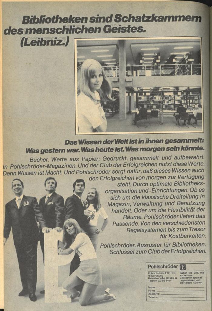 Eine Werbeanzeige aus dem Jahr 1971 für Regalanlagen. Die Bildsprache vermittelt ein Geschlechterbild der 1970er und sollte heute kritisch betrachtet werden. In: Der Archivar, Heft 9, 1971, Nachsatz.